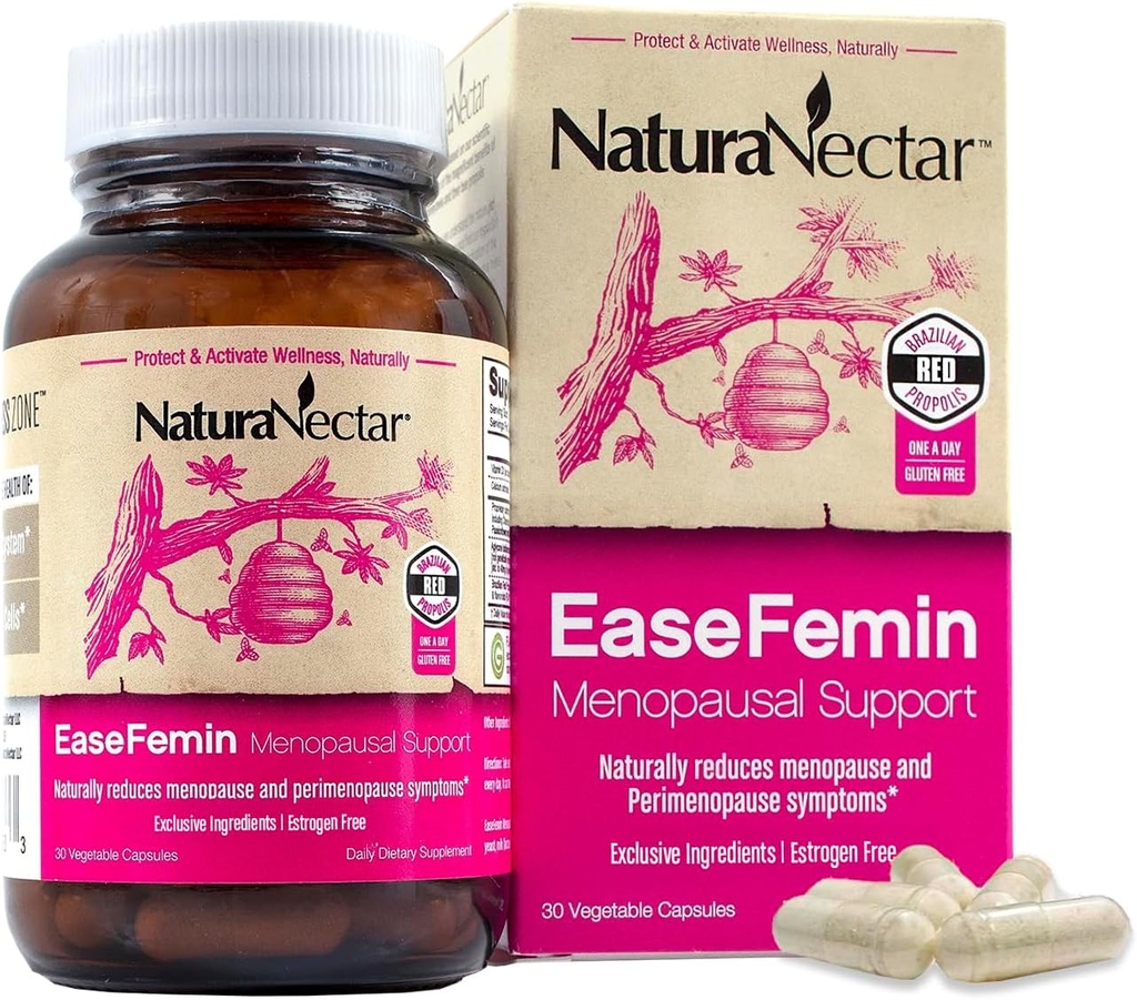 NaturaNectar - EaseFemin Menopausal Support Supplements for Women - Estrogen-Free Red Bee Propolis Capsules for Hot Flashes & Night Sweats - Natural and with Proprietary Calming Herbal Mix (parça)