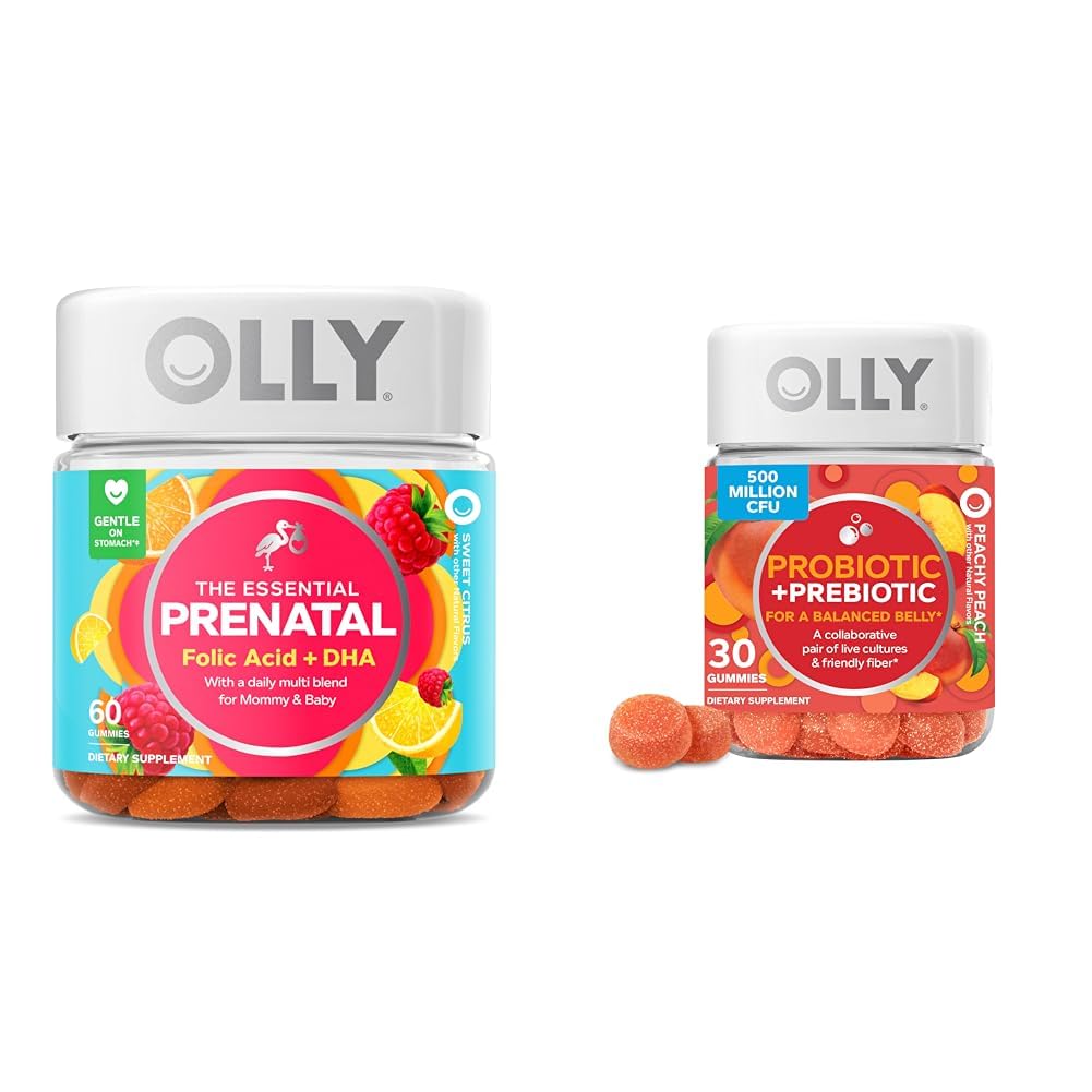 OLLY The Essential Prenatal Gummy Multivitamin, 30 Day Supply (Gummies), Sweet, Folic Acid & Probiyotik + Prebiyotik Gummy, Digestive Support and Gut Health, 500 Milyon CsFU, Fiber Fiber