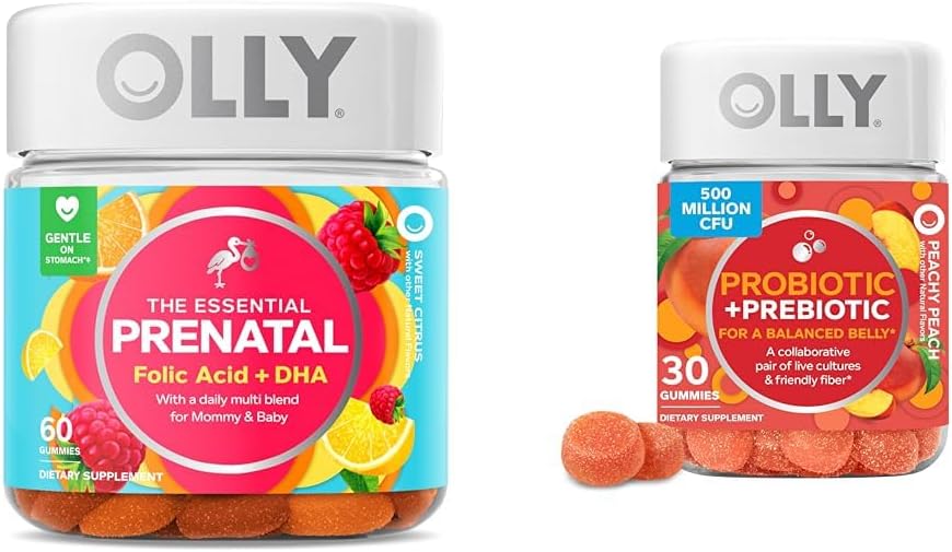 OLLY The Essential Prenatal Gummy Multivitamin, 30 Day Supply (Gummies), Sweet, Folic Acid & Probiyotik + Prebiyotik Gummy, Digestive Support and Gut Health, 500 Milyon CsFU, Fiber Fiber