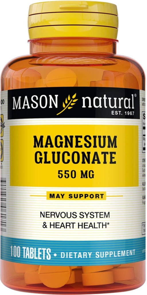 Mason Φυσικό γλουκονικό μαγνήσιο 550mg Δισκία 100 Αποτρέπουν τη Ζάλη, Μυική Αδυναμία