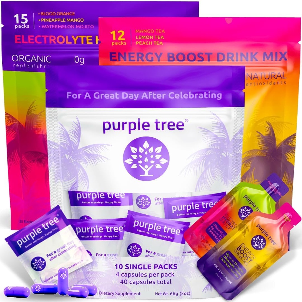 purple tree Premium 3x1 Combo: Μετα-Γιορτάζοντας χάπια ευεξίας, οργανική ενυδάτωση, Επόμενη μέρα Power Stick Packets 