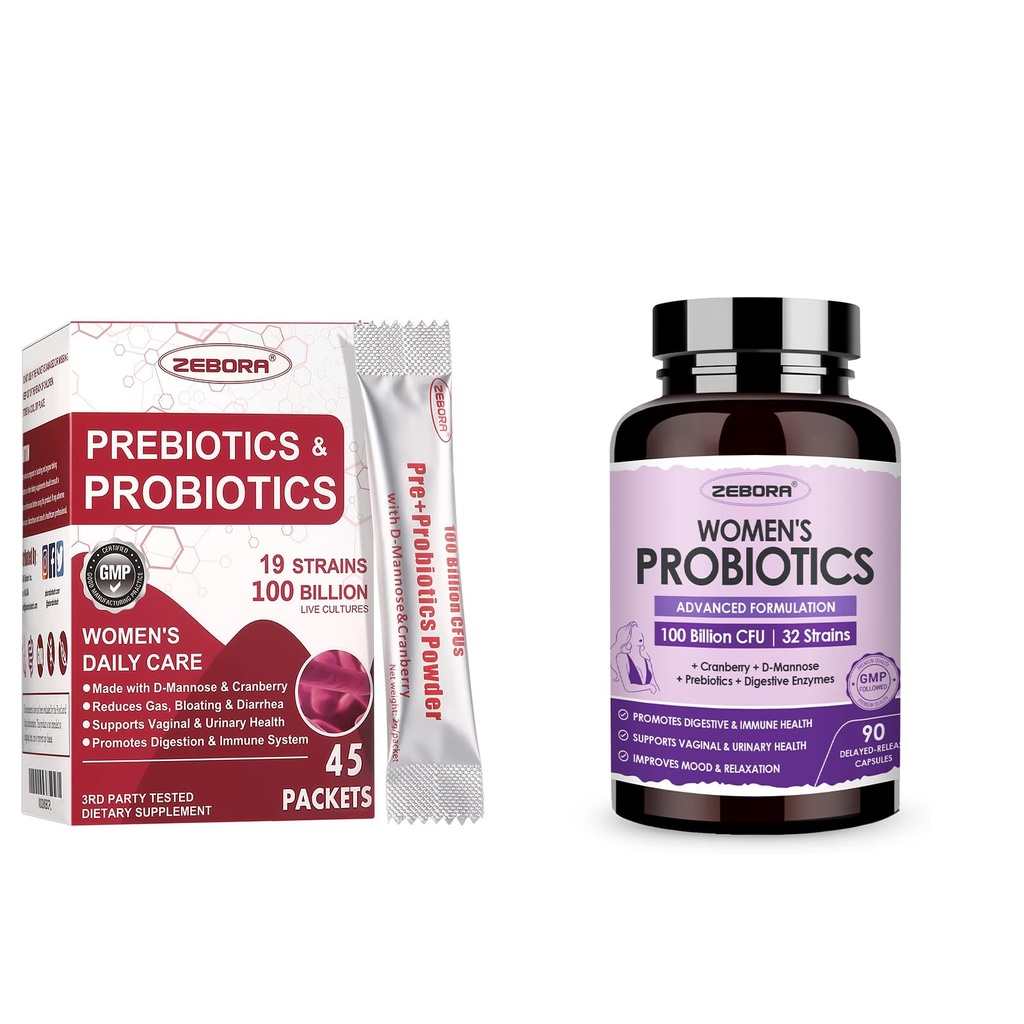 ZEBORA Probiyotiks-for- Women 100-Billion-CFUs with Prebiyotiks, D-Mannose & Cranberry for Digestive, Immune, Feminine UT Health Support, Ultimate Probiyotik Women's Care, Soy & Gluten Free, 45 Packets