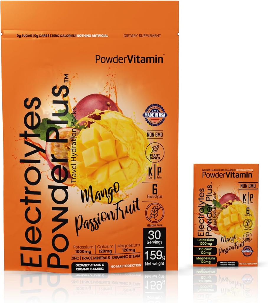 PowderVitamin Electrolytes Powder Plus, Keto, Mango Passionfruit, Sugar Free, 1000mg Potassium, 120mg Calcium, 120mg Magnesium, Non-GMO, Zero Calories, 30 Hydration Packets