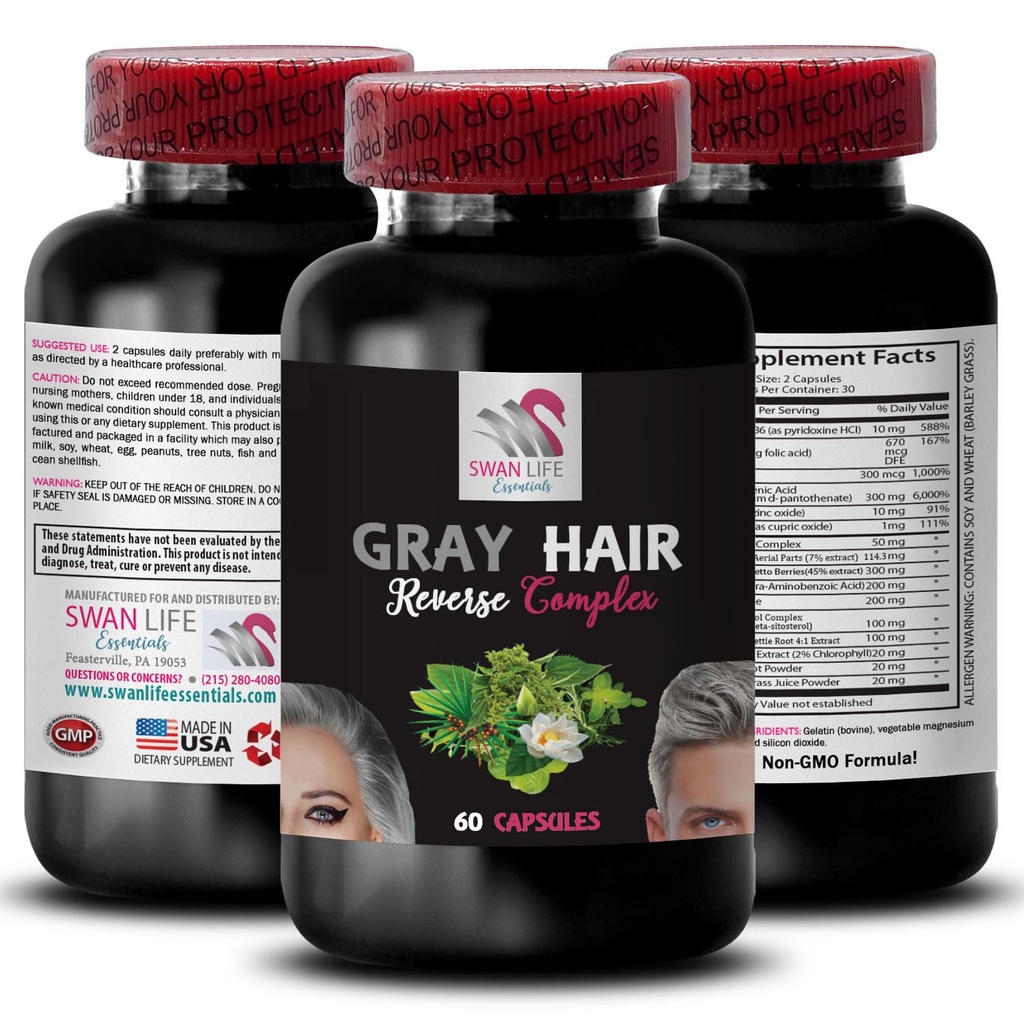 Gray Saç Supplement - GRAY HAIR REVER - saç revitalizasyon, yoğun saç rengi, doğal parlama, dinamik renk, yenilenmiş saç görünümü, saç ışıltısı, taze vibrancy, renkli re-enerjir 1Bot 60Caps
