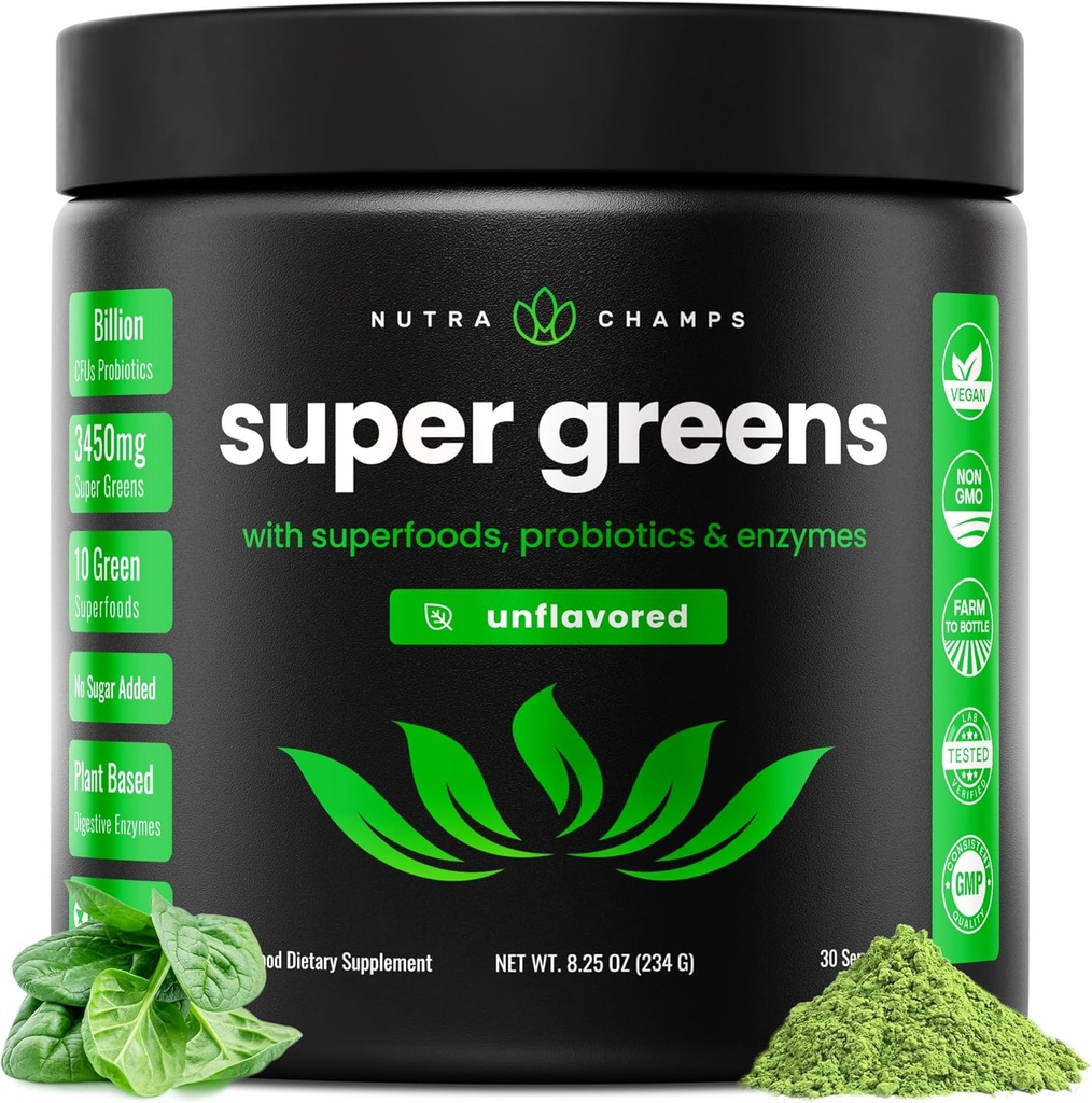 NutraChamps Super Greens Toz Premium Superfood | 20+ Organik Yeşil Veggie Tüm Gıdalar | Buğday Çim, Spirulina, Chlorella | Antioksi, Digestive Enzyme & Probiyotik Mixs (9.0 Oz, Unflavored)