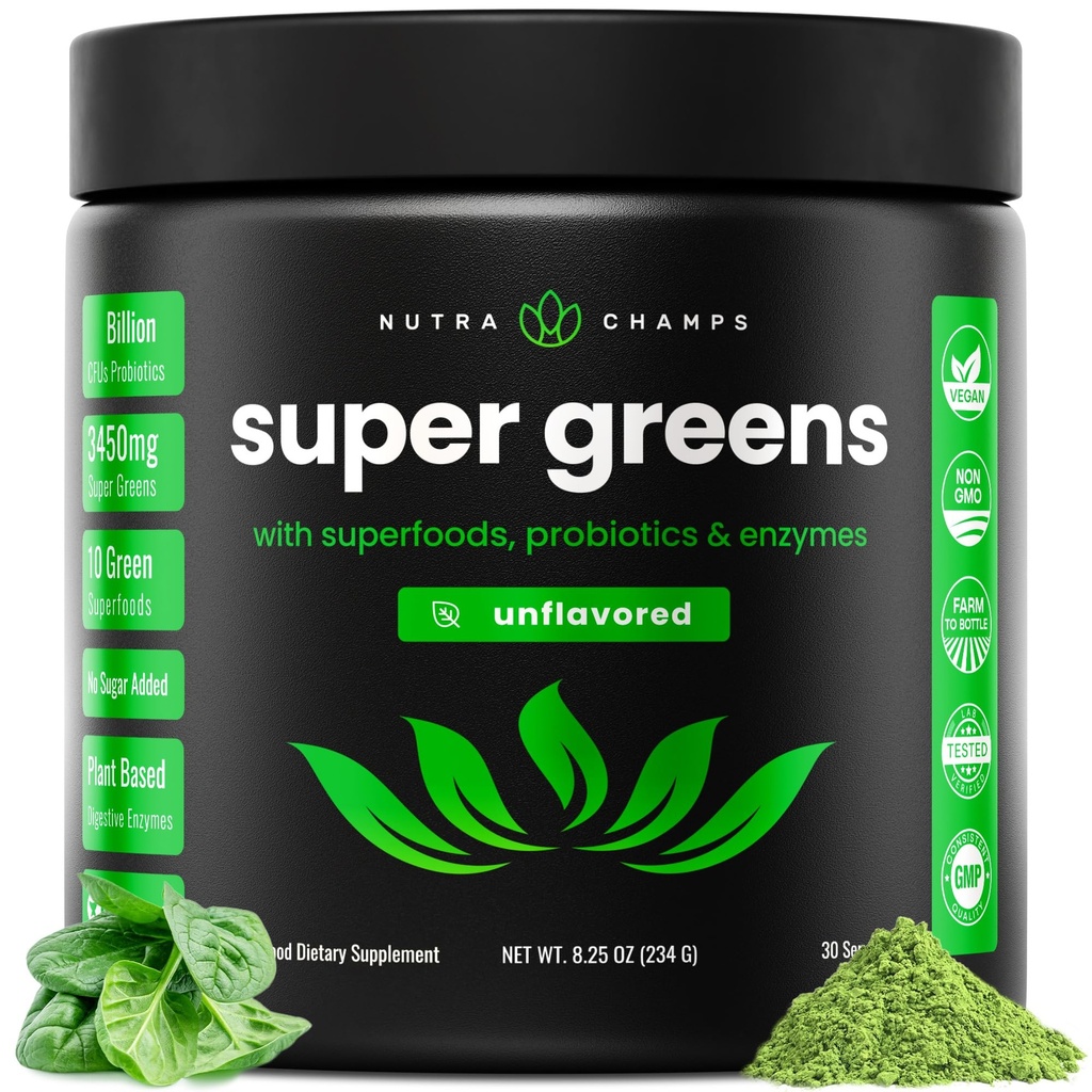 NutraChamps Super Greens Toz Premium Superfood | 20+ Organik Yeşil Veggie Tüm Gıdalar | Buğday Çim, Spirulina, Chlorella | Antioksi, Digestive Enzyme & Probiyotik Mixs (9.0 Oz, Unflavored)