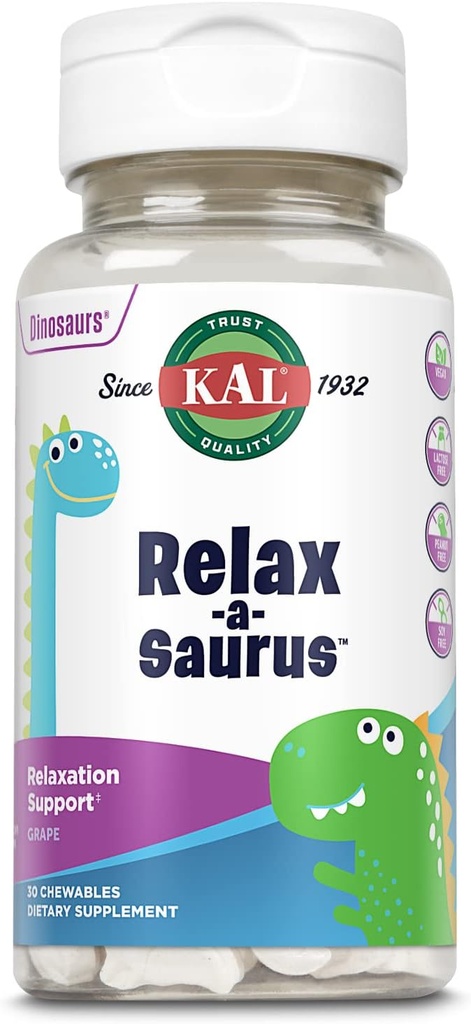 KAL-a-Saurus, Çocuklar için Stres Desteği Tamamı, Herbal Stres Yardımı ve Rahatlamalı Çocuklar için L-Theanine, Delicious Natural Grape Flavor, 60-Day Garanti, 30 Chewables
