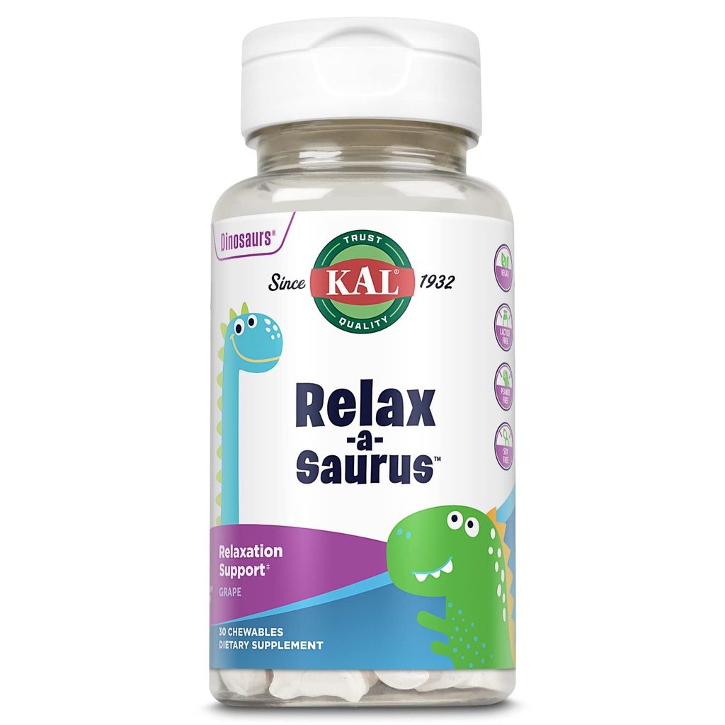 KAL-a-Saurus, Çocuklar için Stres Desteği Tamamı, Herbal Stres Yardımı ve Rahatlamalı Çocuklar için L-Theanine, Delicious Natural Grape Flavor, 60-Day Garanti, 30 Chewables