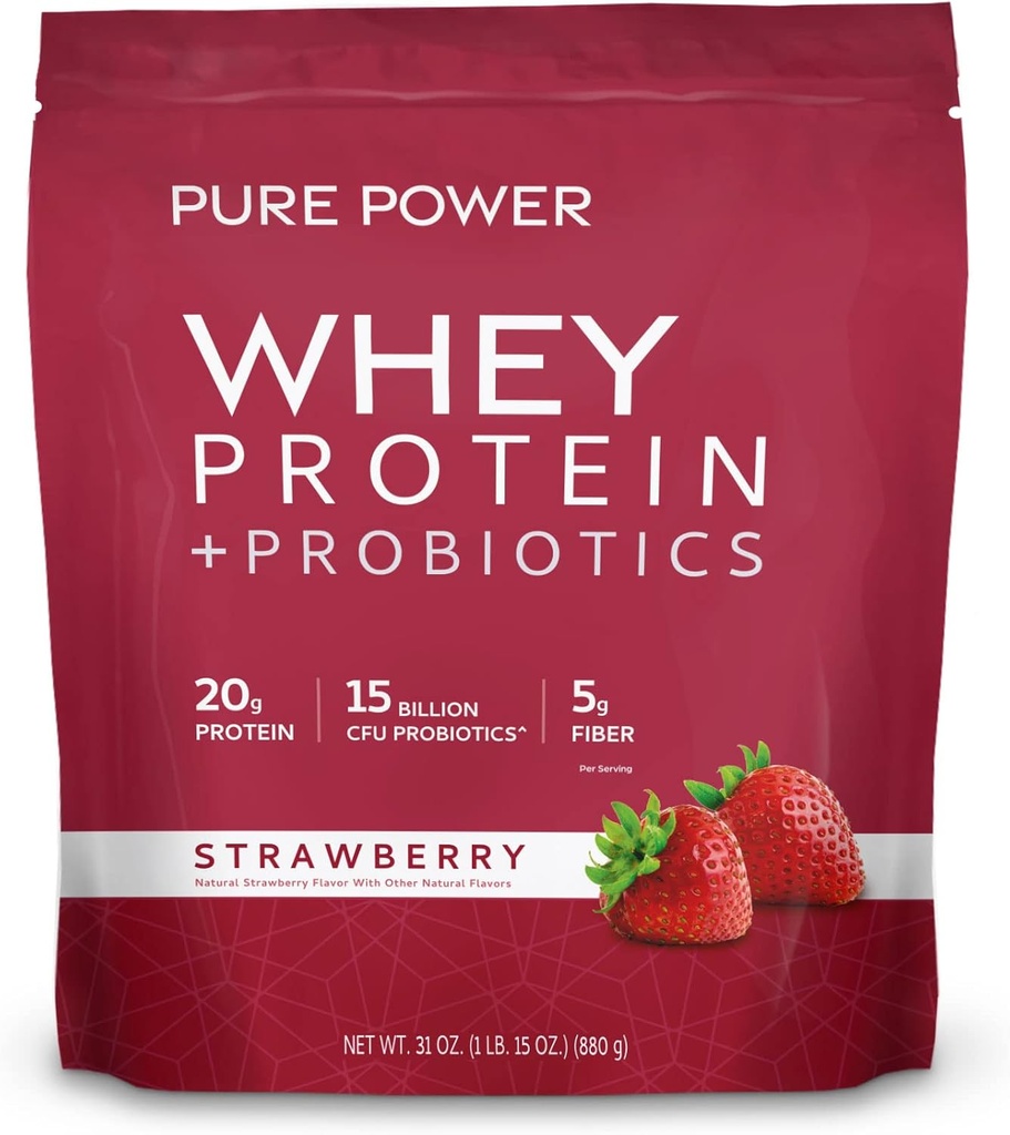 Dr. Mercola Pure Power Whey Protein + Probiotics - Υποστηρίζει την αποκατάσταση των μυών & Digestive Health - Pasture-Raised Whey - MCTs & Fiber - Βανίλια - 31 oz (22 εξυπηρετούν) - Φράουλα