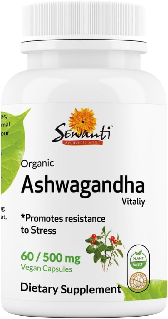 Κάψουλες Sewanti Organic Ashwagandha - Φυσικό άγχος ανακούφιση & ενίσχυση της ενέργειας - συμπλήρωμα διατροφής εκχύλισμα υψηλής ισχύος 60 κάψουλες Vegan - 500mg