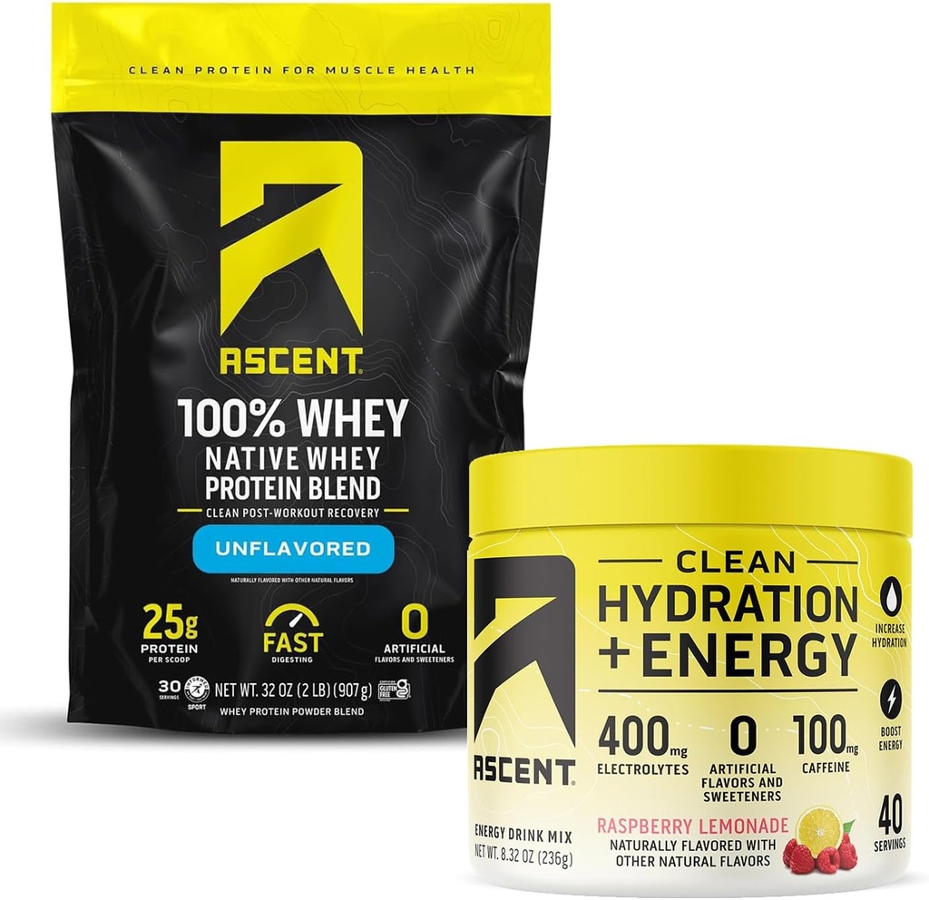 Άνοδος 100% Whey Protein Powder, Unflaved 2 LB & Hydration + Ηλεκτρολύτες ενέργειας, Λεμονάδα σμέουρων 40 Σερβίρει