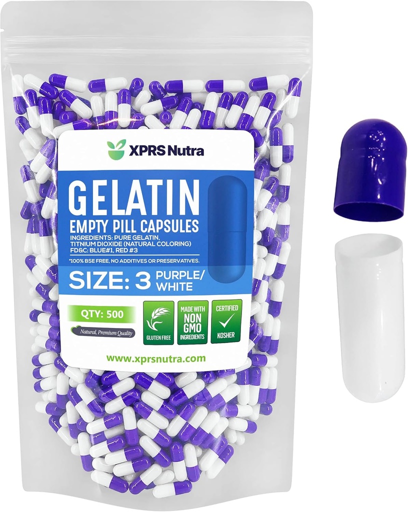 XPRS Nutra Μέγεθος 3 Κενές κάψουλες - 500 Count Empty Gelatin Κάψουλες - Χάπια DIY Καψάκιο Γέμισμα - Καθαρά Καπάκια τζελ Μπόβιν Χάπι για Συμπληρώματα Do-It-Yourself (Purple/White)