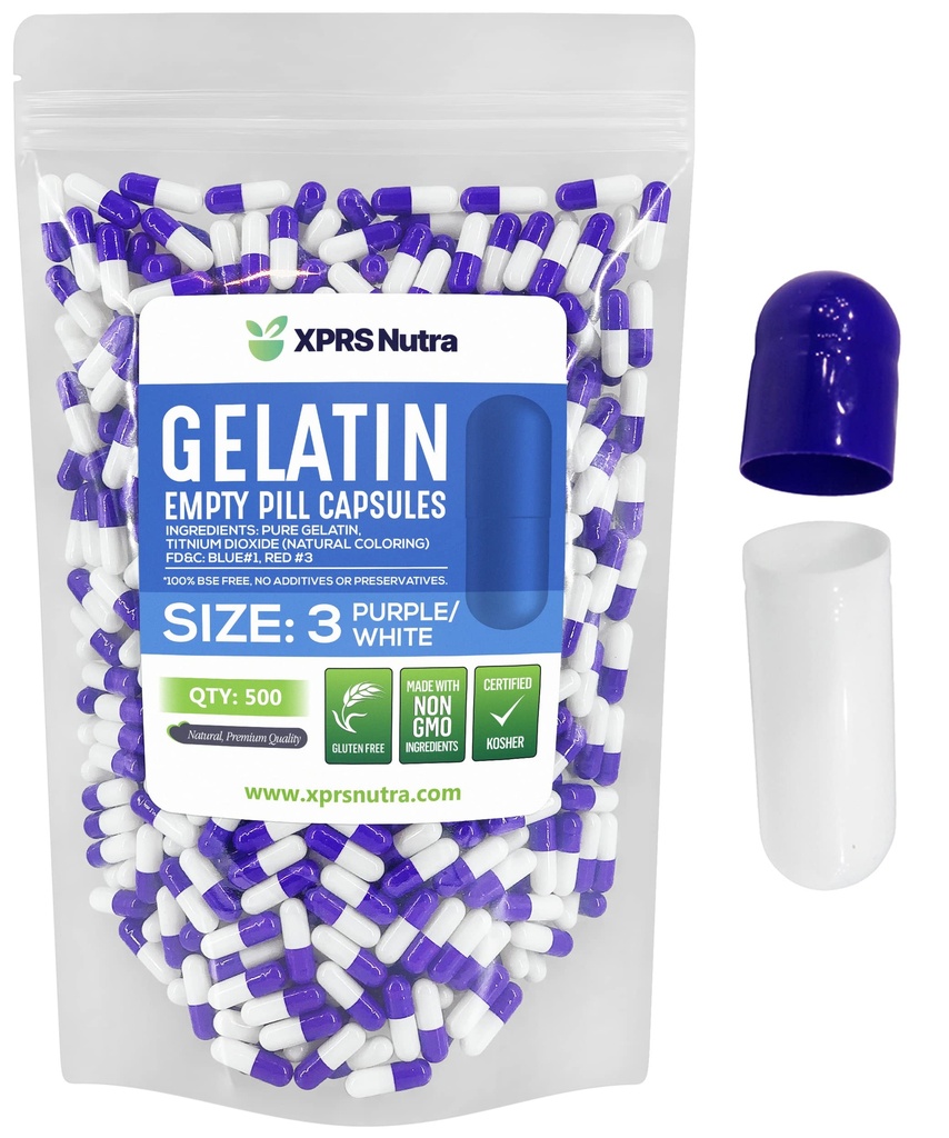 XPRS Nutra Boyutu 3 Boş Kapsüller - 500 Kont Boş Gelatin Capsules - Pills DIY Capsule - Pure Bovine Pill Gel Caps For Do-It- Yourself Supplements (Purple/White)