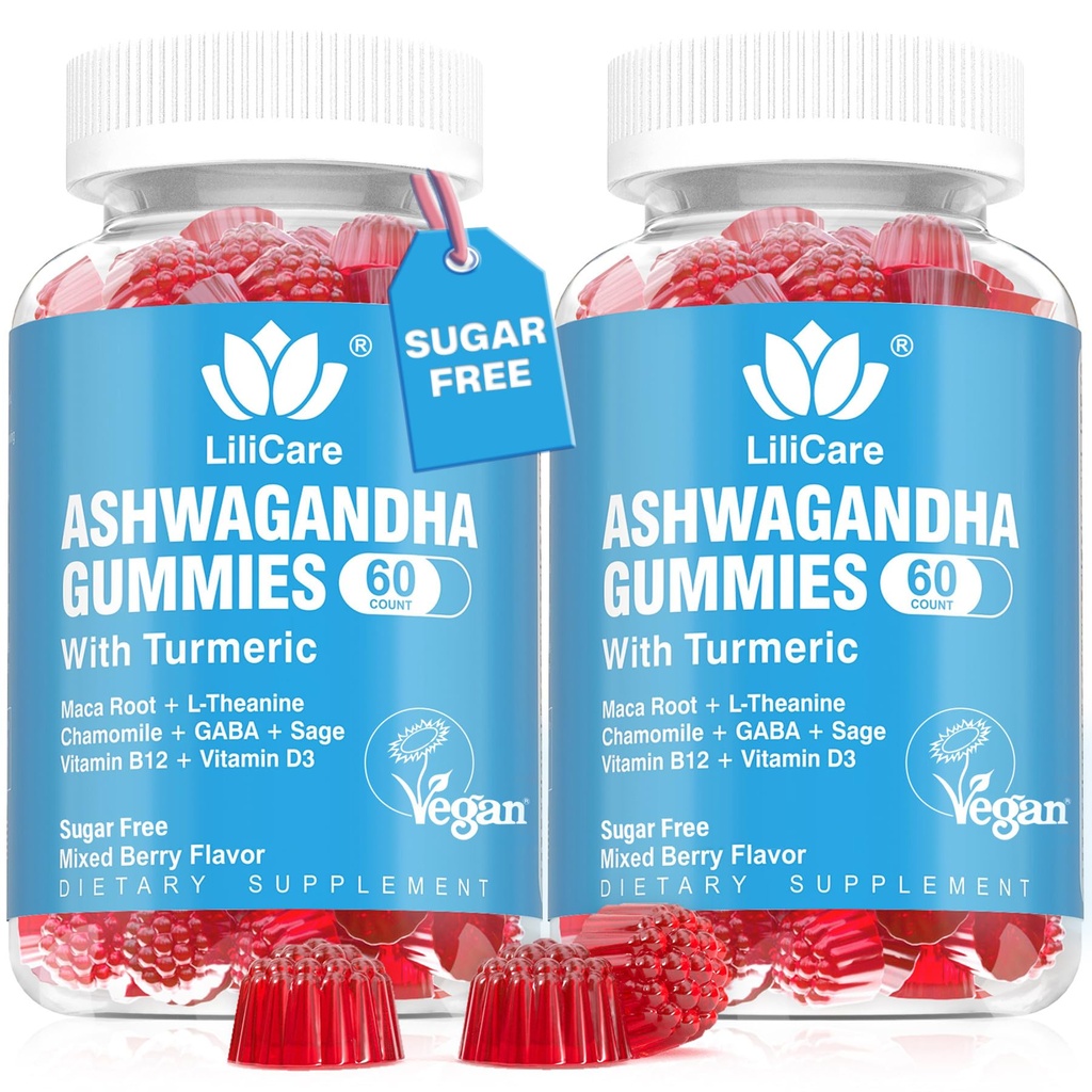 Ashwagandha Gummies 2000mg για γυναίκες Άνδρες - Χωρίς ζάχαρη, Vegan - Βιολογικό εκχύλισμα ρίζας Ashwagandha Συμπληρώματα Gummy & Βιταμίνη D3, B12 και Turmeric, Προώθηση χαλάρωσης, μικτή γεύση μούρου, 120 Count