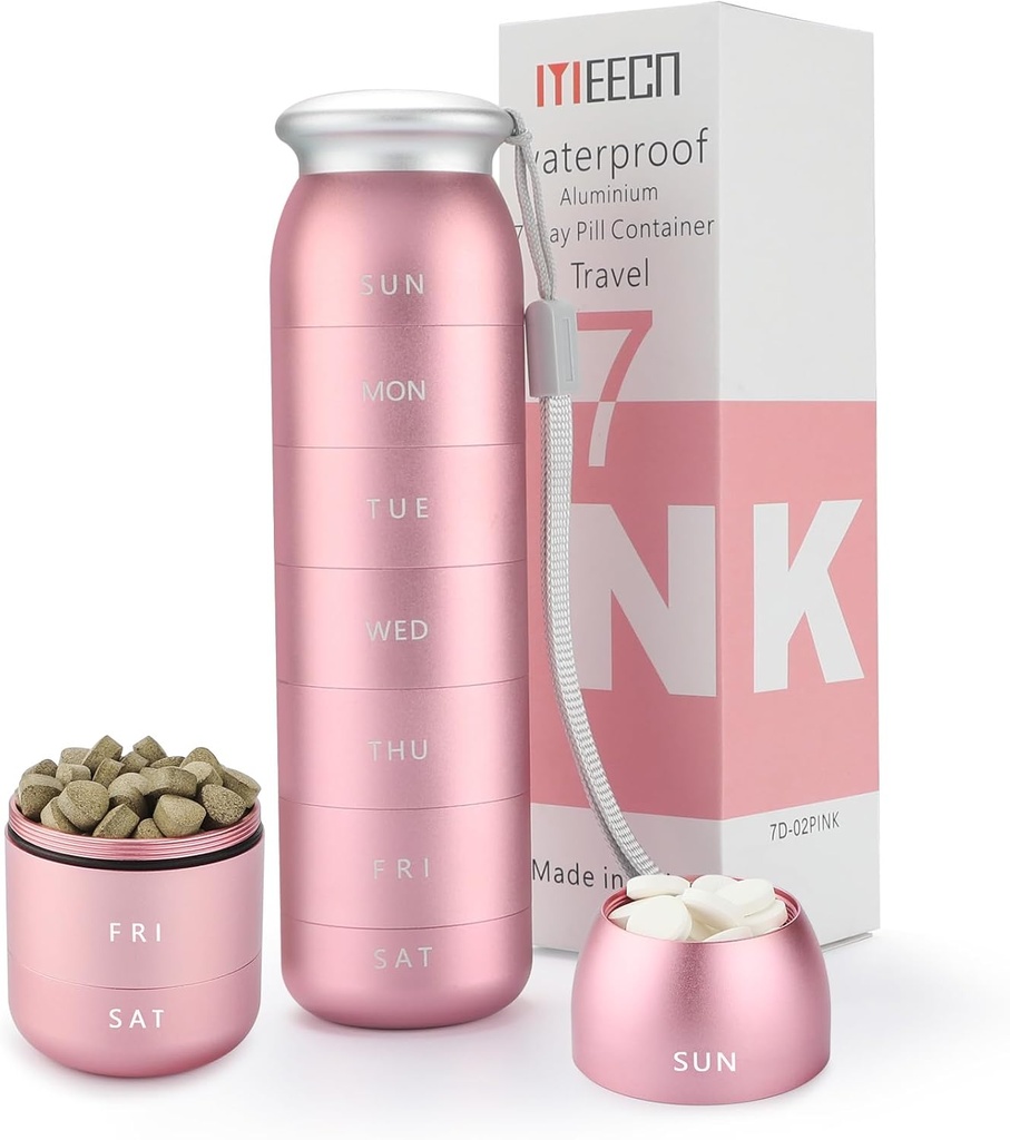 Haftalık Pill Organizer, Portatif Seyahat 7 Günü, Sualtı, Büyük, Alüminyum, Metal, Vitaminler, Cod Liver Oil, Supplements and Drugs (Pink)