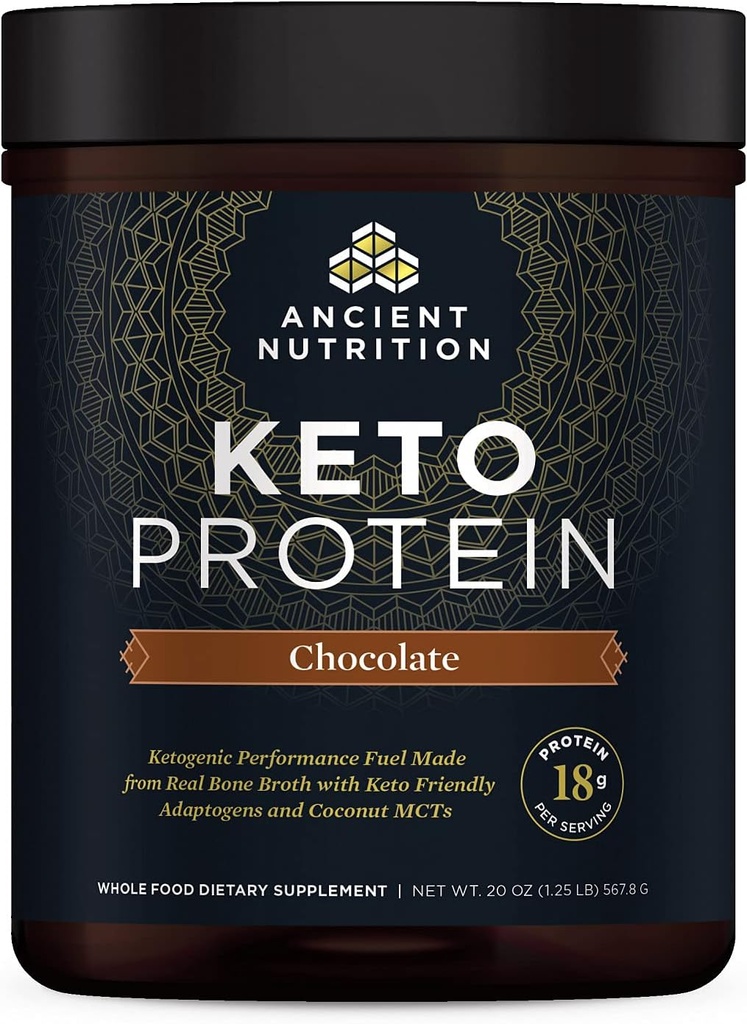 Αρχαίας διατροφής Keto πρωτεΐνη σκόνη, KetoPROTEIN με λίπη από τον ζωμό των οστών και MCT λάδι, σοκολάτα, 18g πρωτεΐνη 10g λίπος ανά υπηρεσία, χωρίς γλουτένη, χαμηλή υδατάνθρακες, Παλαιοφιλικές, 17 εξυπηρετούν