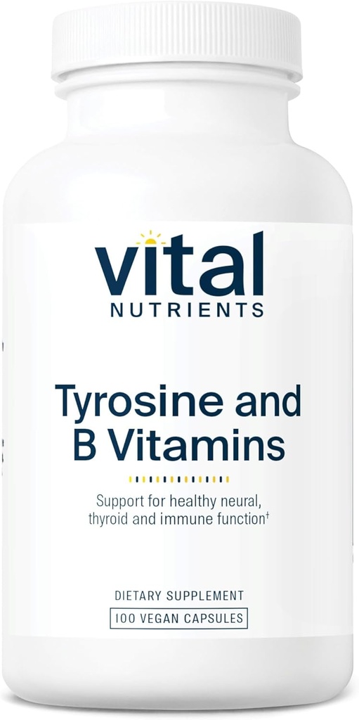 Vital Nutrients Tyrosine ve B Vitaminleri | Tiroid, Immune ve Nerve Support Formula | Adrenal Support Complex | Gluten, Süt, Soy Free | Non-GMO | 100 Capsules