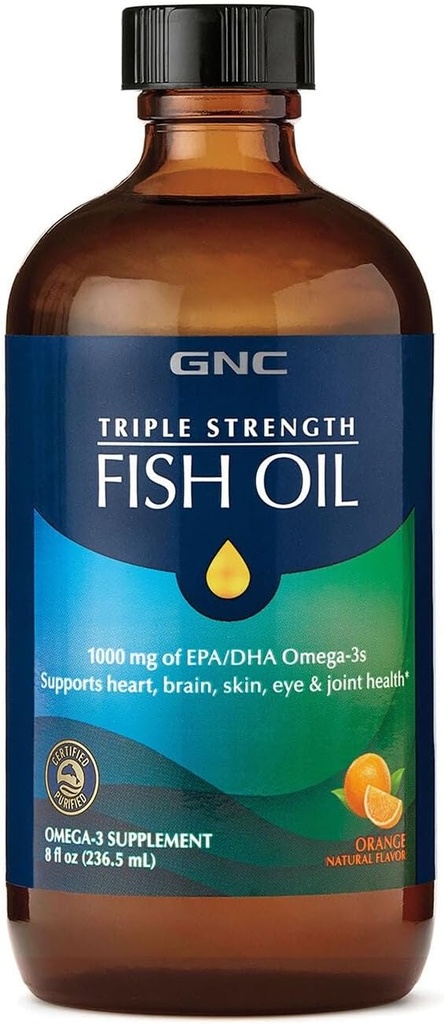 GNC Triple Strength Fish Oil Liquid Supplement, Wild Deep Ocean Caught. με 1000mg EPA DHA Omega 3s, για, καρδιά, εγκέφαλο, δέρμα, μάτια, κοινή υγεία, φυσική γεύση πορτοκαλιού, 8 Fl Oz, 47 εξυπηρετούν