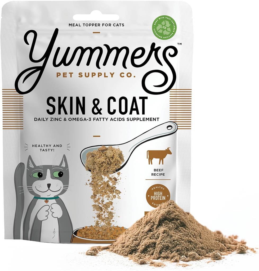 Yummers Premium Skin & Coat Supplement for Cats, çinko & Omega-3 Fatty Acids Supplements, Beef Recipe, 4 oz. - All-Doal Cat Food Supplement Toppers - Flavor Cat Food Topper for Skin & Coat Health