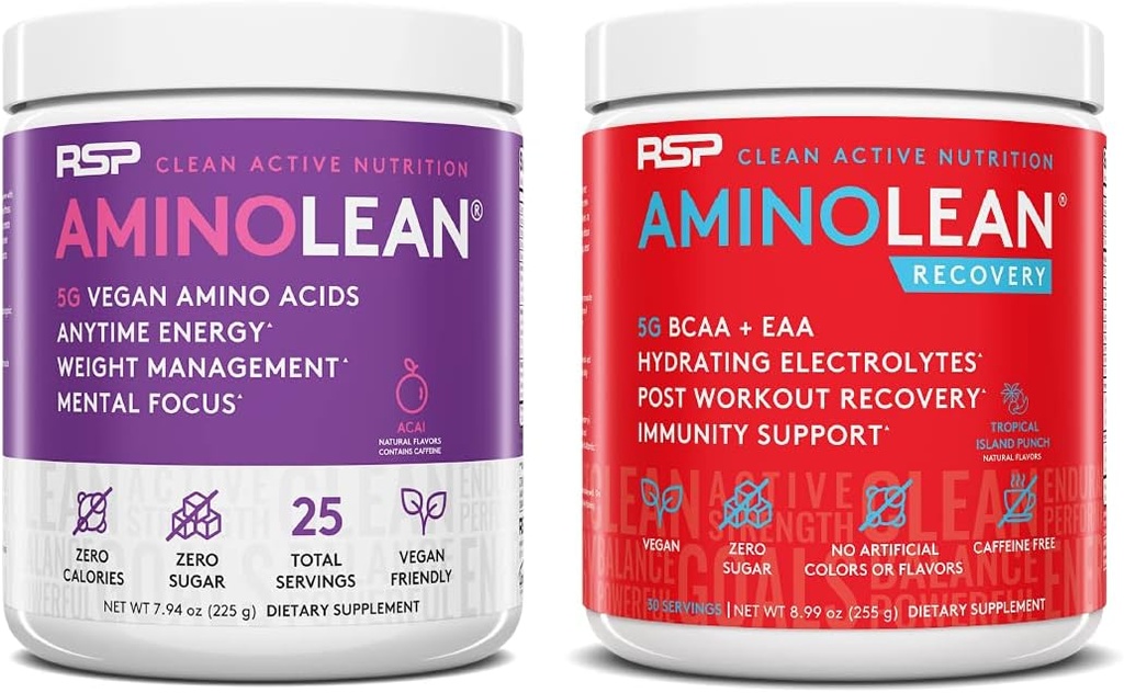 RSP NUTRITION Vegan AminoLean Pre Workout Energy (Acai 25 Services) με AminoLean Recovery Post Workout Boost (Tropical Island Punch 30 Services)