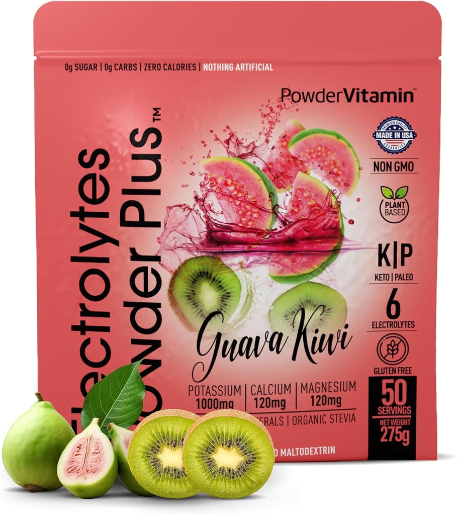 TozVitamin Electrolytes Toz Plus (50 Hizmet) Guava Kiwi Electrolyte Toz Zero Calorie DW, 0 Sugar, No Maltodextrin,1000 mg Pyum,120 mg Kalsiyum,120 mg Magnezyum, Hydration Powde
