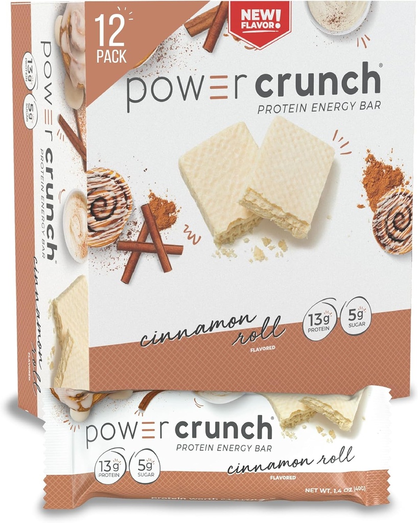 Power Crunch protein Wafer Bars, Yüksek Protein Snacks with Delicious Taste, Cinnamon Roll, 1.4 Ounce (12 Count)