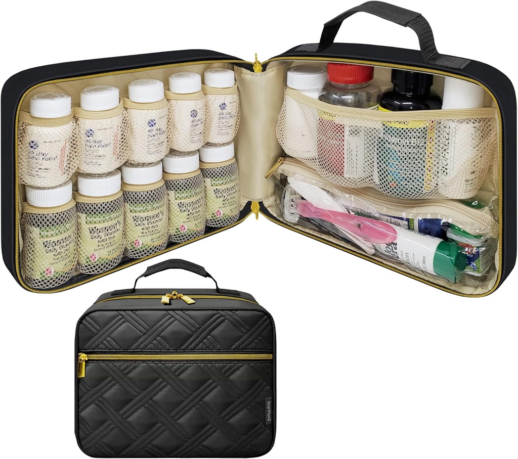Büyük Quilted Pill Şişe Organizer, Tıp Bag, İlaçlar, Vitaminler ve Tıbbi Malzemeler - Seyahat Hekimliği Organize ve Ev Depolama Med Bag - Siyah (Without Lock)