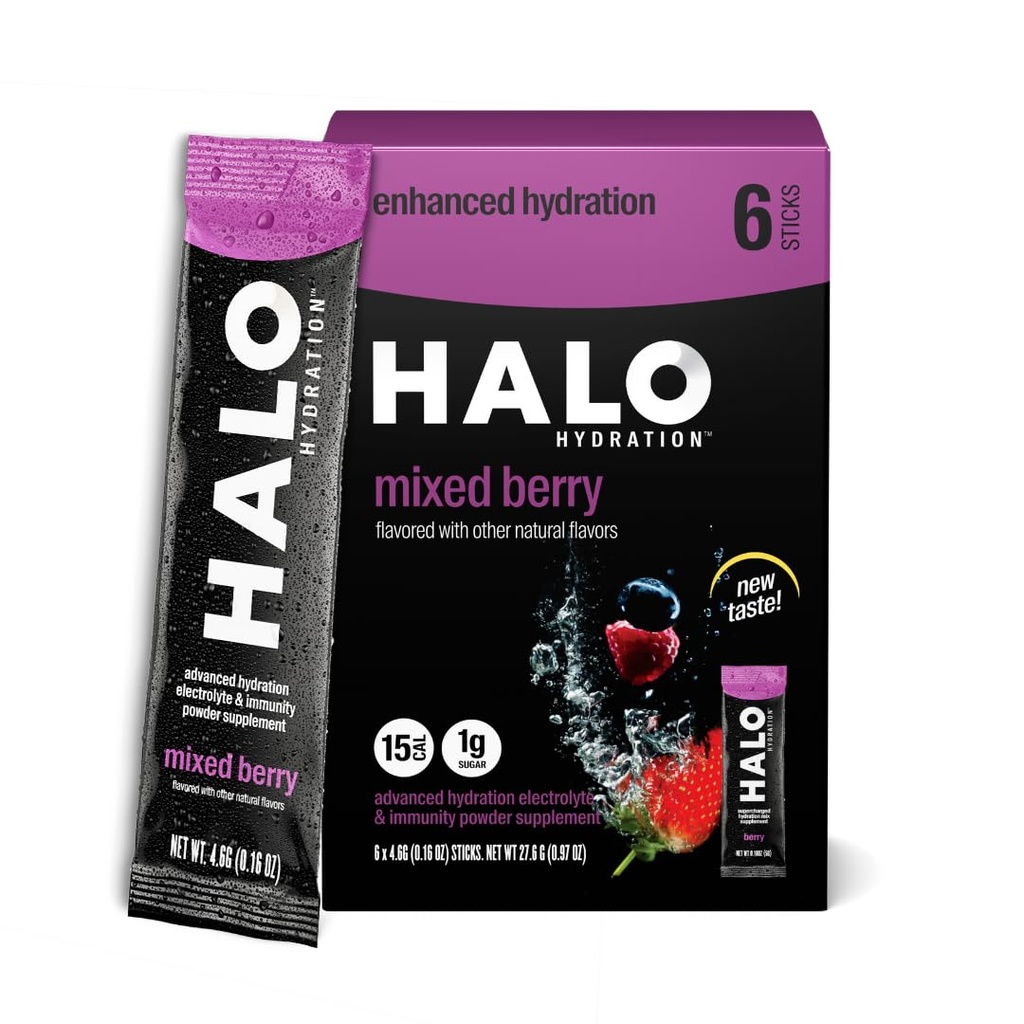 HALO Hydration - Electrolyte Drink Mix | Hydration Toz Paketleri | Berry Flavor - Spor ve Bisiklet için | Kolay Açık Tek Çöp | 6 Sticks