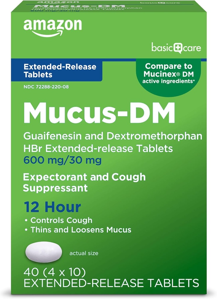 Temel Bakım Mucus Relief DM,12 Saat Guaifenesin & Dextromethorphan Hydrobromide Genişletilmiş-Release Tabletleri, 600 mg/30 mg, 40 Kont (Pazarlama)
