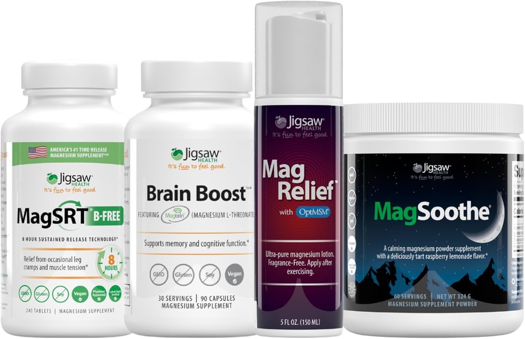 Jigsaw Health Ultimate B-Free Magnezyum Sche | MagSRT (B-Free), 240 Tablet, Beyin Boost, 90 Capsules, MagRelief, 5 Ounces (Lotion), ve MagSoothe (Raspberry Lemonade), 60 hizmet (Jar)