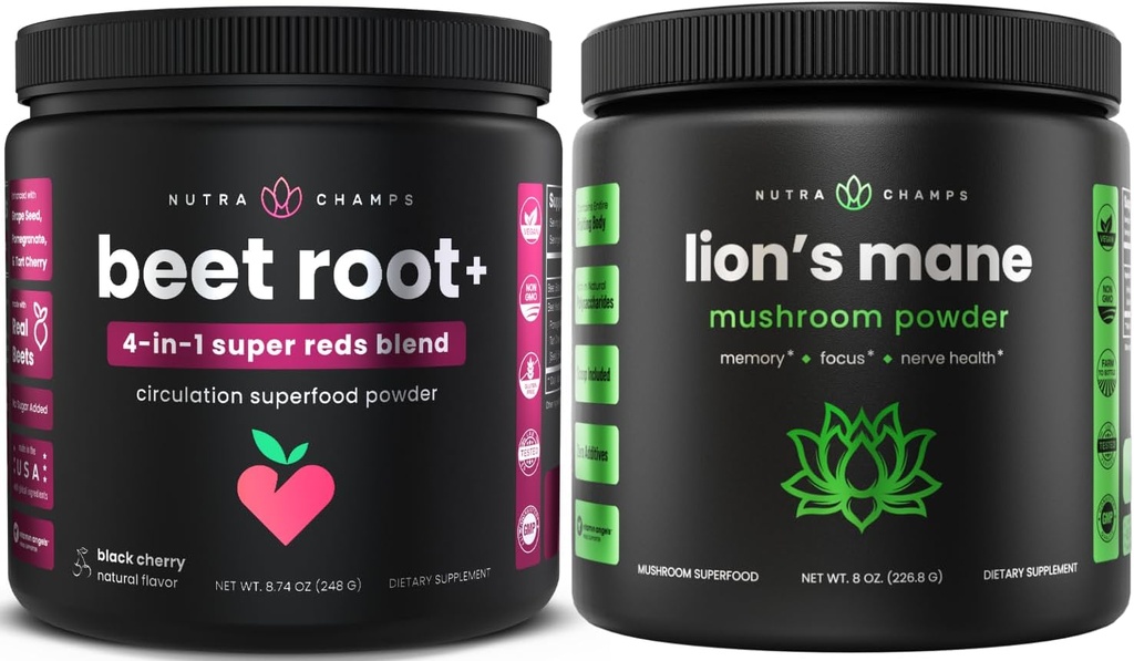 NutraChamps Beet Root Toz & Lion's Mane Toz. Güçlü Circulation & Adaptogen