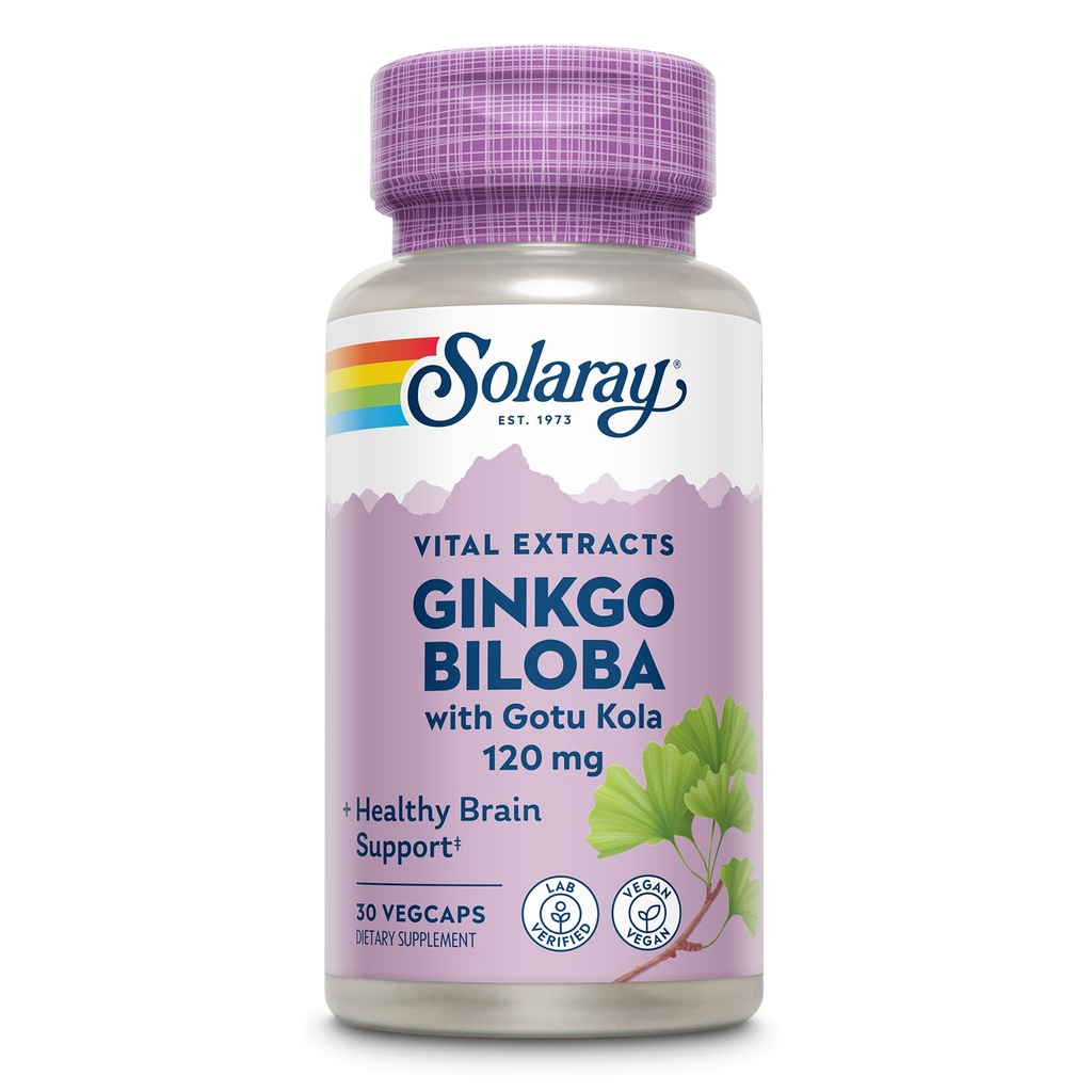 SOLARAY Ginkgo Biloba Extract with Gotu Kola - Ginko Biloba Capsules for Brain Health Support - Vegan, Lab Doğrulanmış, 60 Günlük Garanti - 60 Hizmet, 60 VegCaps (30 VegCaps)