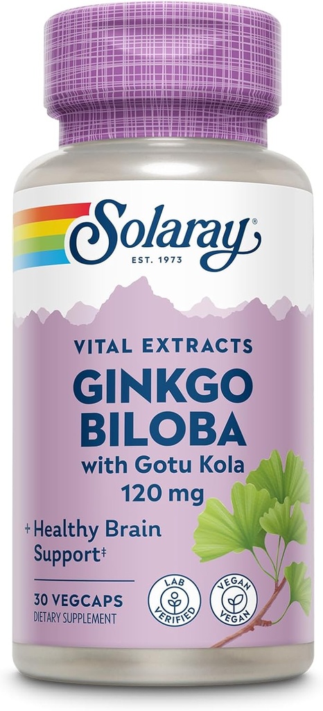 SOLARAY Ginkgo Biloba Extract with Gotu Kola - Ginko Biloba Capsules for Brain Health Support - Vegan, Lab Doğrulanmış, 60 Günlük Garanti - 60 Hizmet, 60 VegCaps (30 VegCaps)