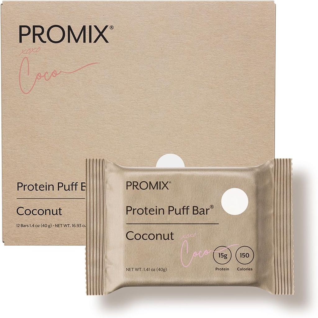 ProMix Nutrition Protein Puff Bars - Coconut - Marshmallow Crispy Treat - Great Tasting & Healthy On The Go Snack - High Protein & Low Calorie - Free From Gluten, Soy, & Corn - 12 Bars