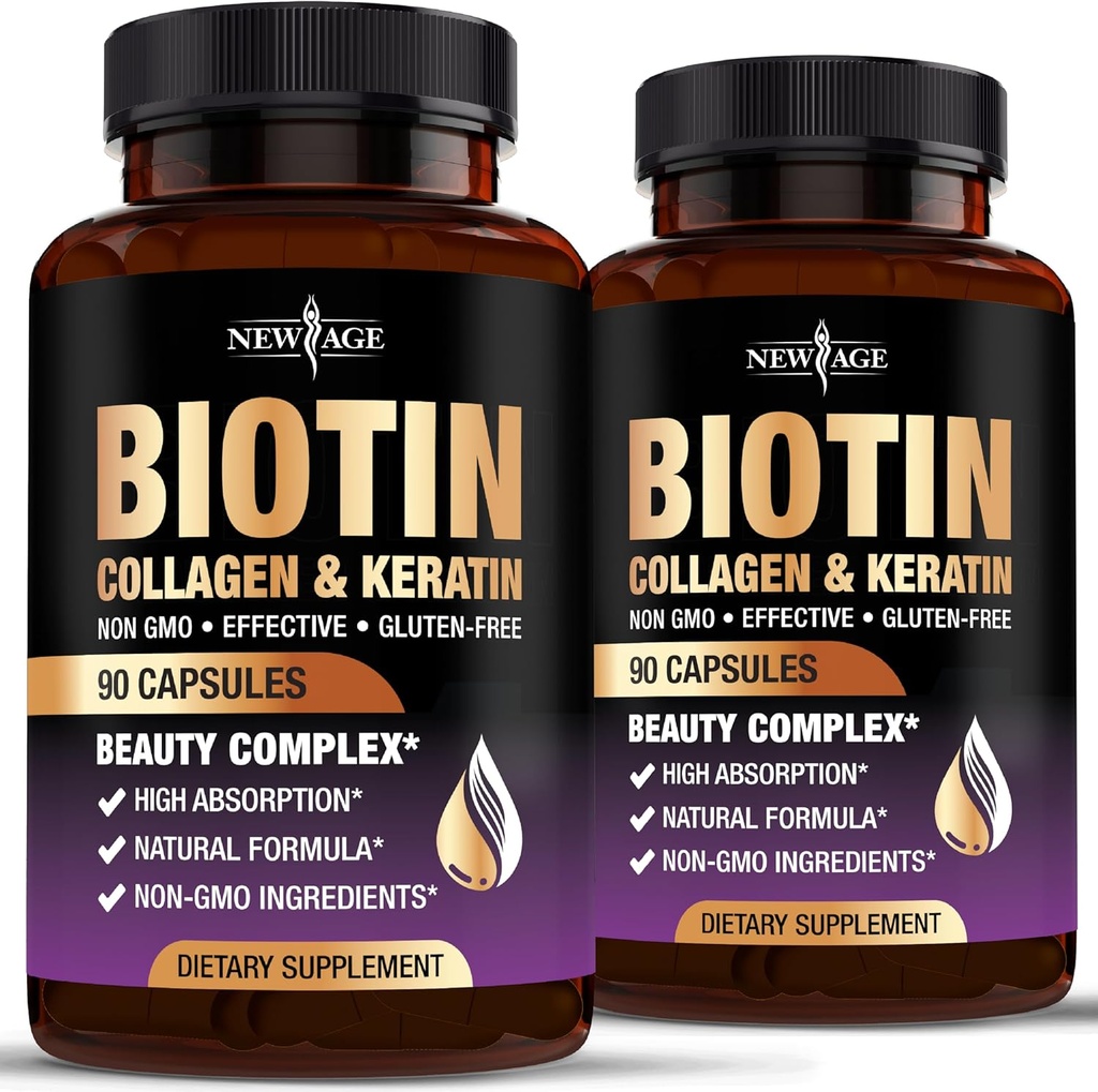NEW AGE Biotin Collagen Keratin Hyaluronic Acid - 50,000mcg Hair Growth Vitamins for Men and Women, Nails, Hair, Skin Vitamins and DHT Blocker with Vitamin E Folic Acid Pumpkin Seed MSM- 180 Count