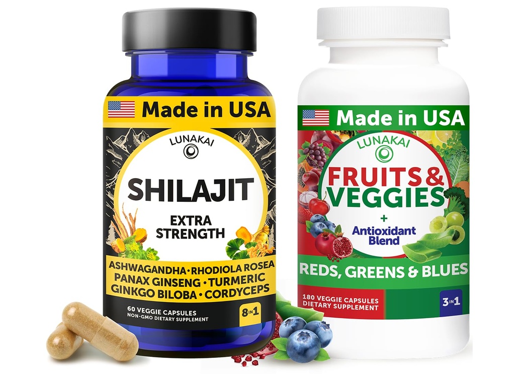 Lunakai USA Shilajit & Superfood Fruits & Veggies Supplement Sche with Ashwagandha, Rhodiola, Cordyceps & 4 Mixs for Energy & Wellness