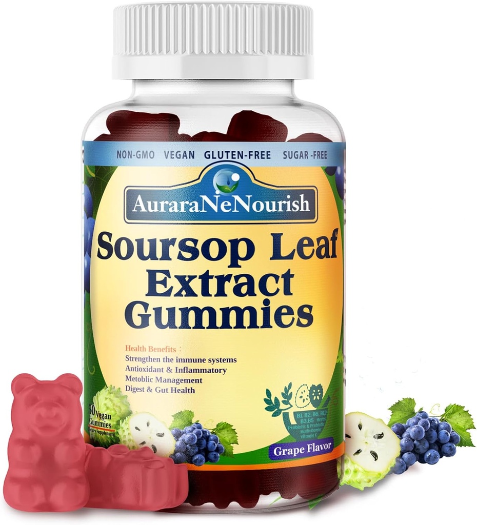 Sugar Free Soursop Gummies with Probiyotiks & Fiber 100 Milyar CFUs, Organik Soursop Digestive Gut Health, Energy Balance, Immune Boost