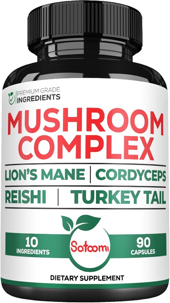 Satoomi 10in1 Lions Mane Supplement Complex - Αναμειγνύεται με Cordyceps Sinensis, Reishi Mushroom, Turkey Tail Mushroom & Others - 90 Μέτρα για 3 μήνες