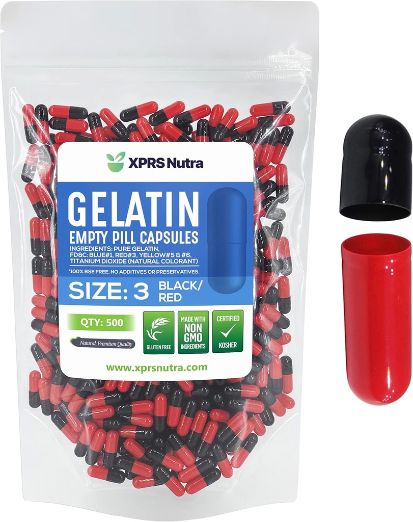 XPRS Nutra Μέγεθος 3 Κενές κάψουλες - 500 Count Empty Gelatin Κάψουλες - Χάπια DIY Καψάκιο Γέμισμα - Καθαρά Καπάκια τζελ Μπόβιν Χάπι Γεμάτο Βιταμίνες και Συμπληρώματα (Μαύρο/Κόκκινο)