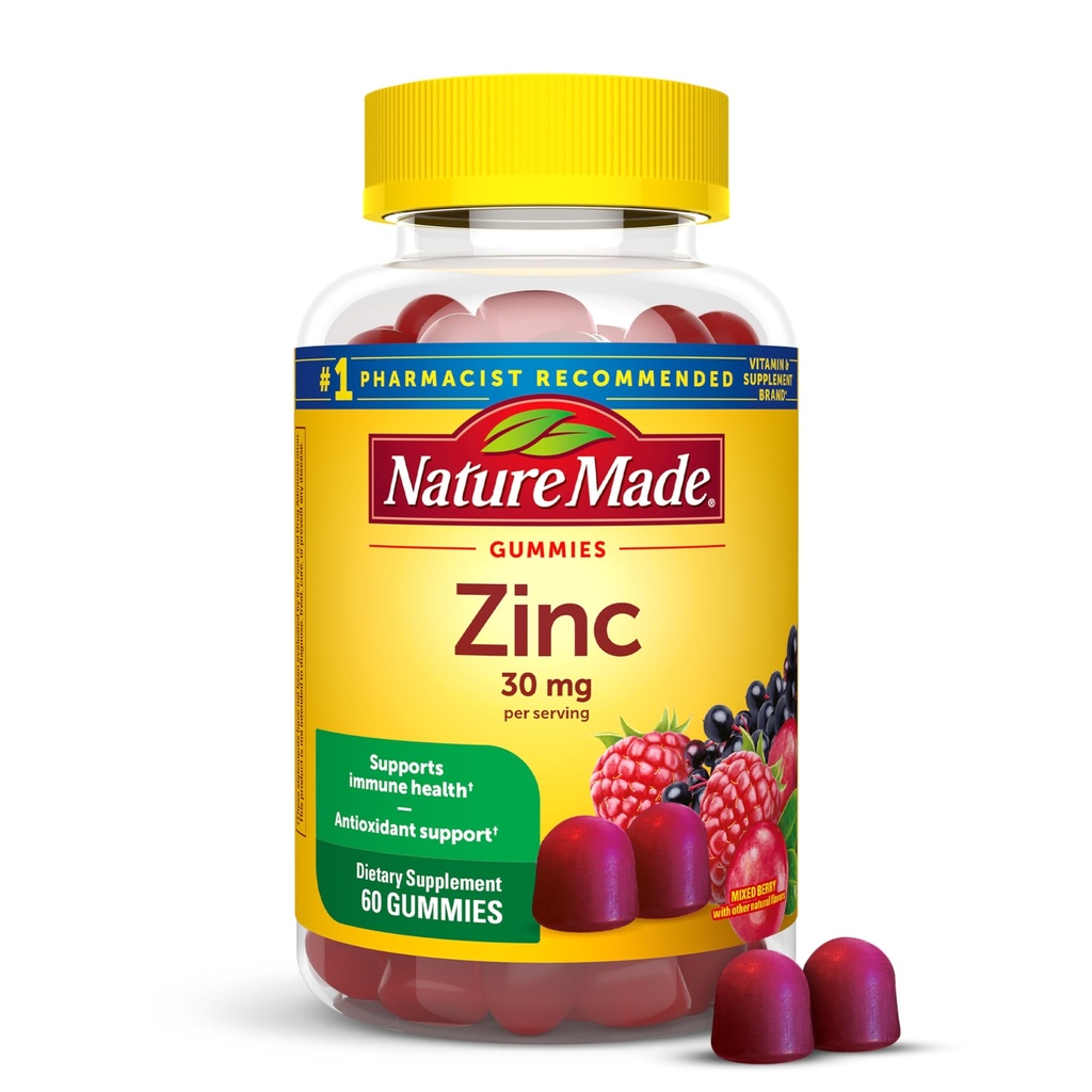 Nature Made Zinc Συμπληρώματα 30 mg ανά υπηρεσία, συμπλήρωμα διατροφής για την ανοσοκατασταλτική υγεία και αντιοξειδωτική υποστήριξη, 60 Gummies ψευδάργυρου, 30 ημέρες προσφοράς
