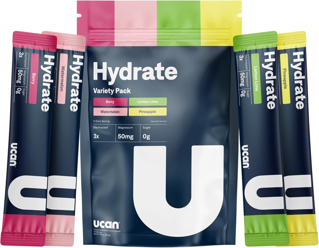 UCAN Hydrate Electrolyte Drink Mix (Variety Pack, 12 Stickpacks) Sugar-Free, Keto-Friendly, Vegan, Non-GMO, Gluten-Free Electrolyte Toz with P properties & Magnezyum for Runners & Athletes)