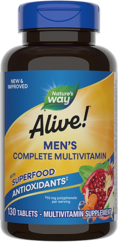 Doğanın Yolu Alive! Men's Complete Daily Multivitamin, Supports Energy Metabolism & Muscle Function*, B-Vitamins, Gluten Free, 130 Tablet (Pazar Mayıs Vary)
