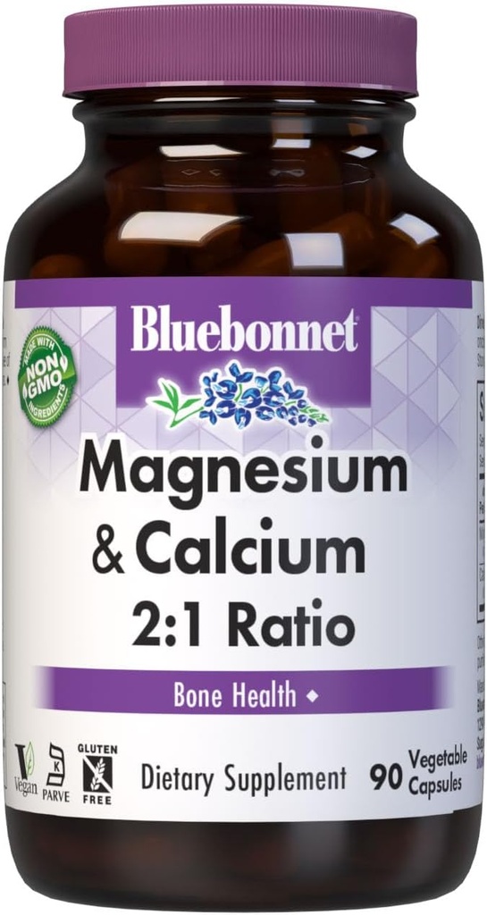 Bluebonnet Beslenme Magnezyum & Kalsiyum 2:1 Oran, Bone Health*, Non-GMO, Vegan, Kosher sertifikalı, Gluten-Free, Soy-Free, Dairy-Free, 90 Sebze Kapsülleri, 30 Hizmet