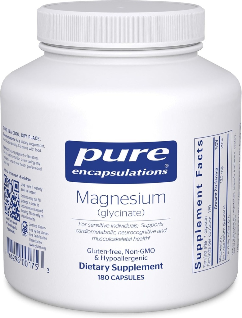Pure Encapsulations Magnezyum (Glycinate) - Stres Yardım, Uyku, Kalp Sağlığı, Nerves, Kass ve Metabolism* - Magnezyum Glycinate - 180 Capsules