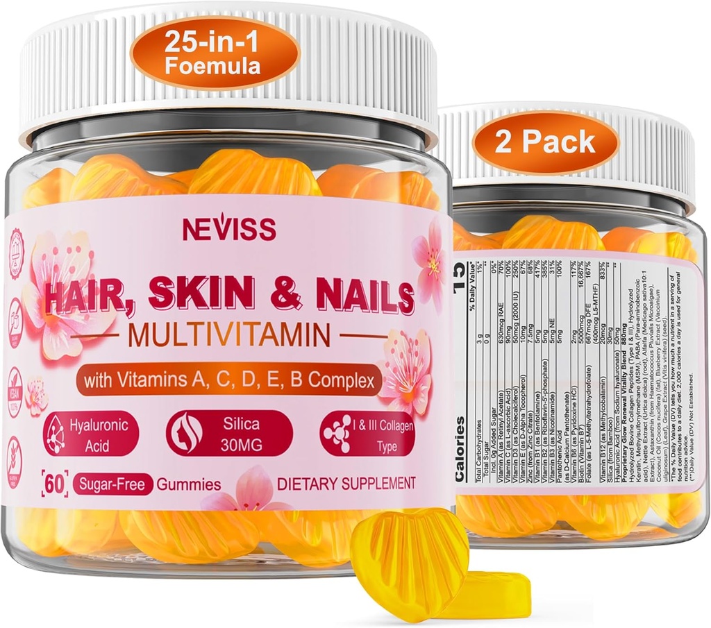 Biotin 5000mcg, Collagen MSM Hyaluronic Asit, A C D3 E & B Kompleks ve Metil Folate & B12, Saç Skin Nails için Organik Çok Vitaminler, Enerji