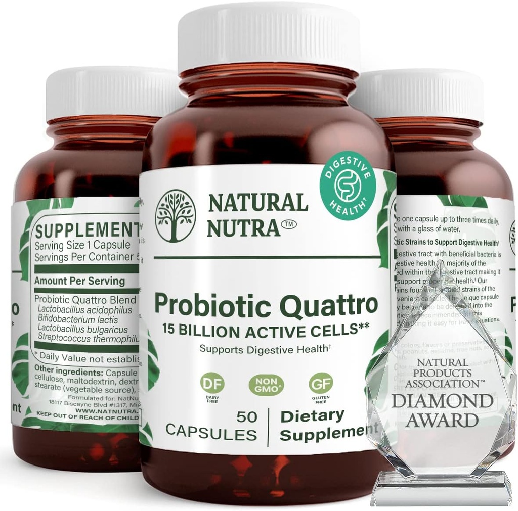 Doğal Nutra Probiyotik Quattro – Gelişmiş Probiyotik Supplement with 4 Güçlü Strains Including Lactobacillus Acidofilius, Bifidus – Supports Digestive and Immune Health – 50 Vegetarian Capsules
