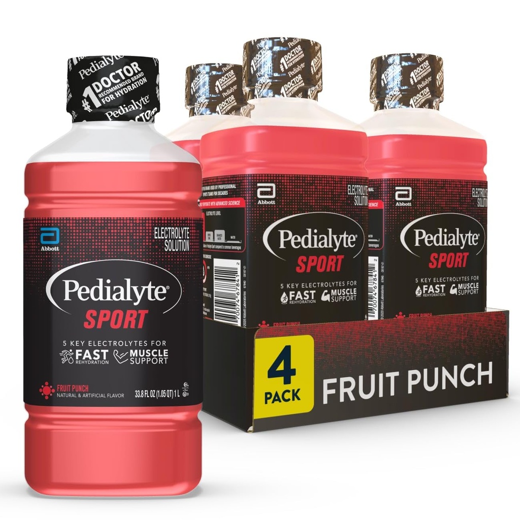 Pedialyte Sport Electrolyte Drink, Fast Hydration with 5 Key Electrolytes for Muscle Support before, During, & After Egzersiz, Fruit, 1 Liter, 4 Paket