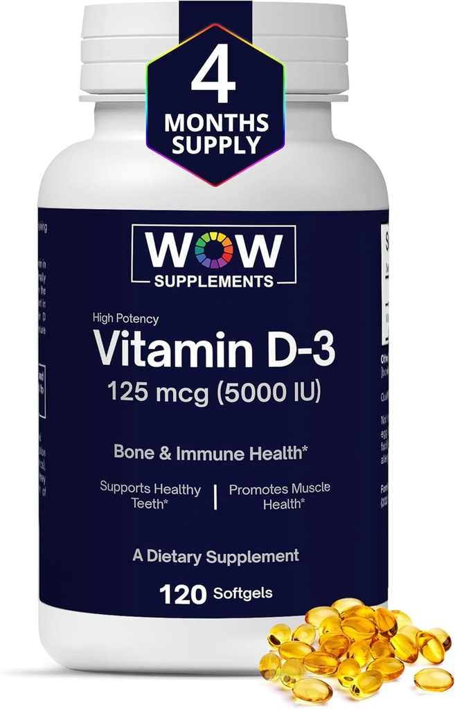 WOW Supplements Vitamin D3 5000 IU Softgels, 125 mcg - Vitamin D3 5000IU Güçlü Bones ve Immune Support - Non-GMO, Gluten Free D 5000 IU - VIT Count D3 5000 Igels - 120