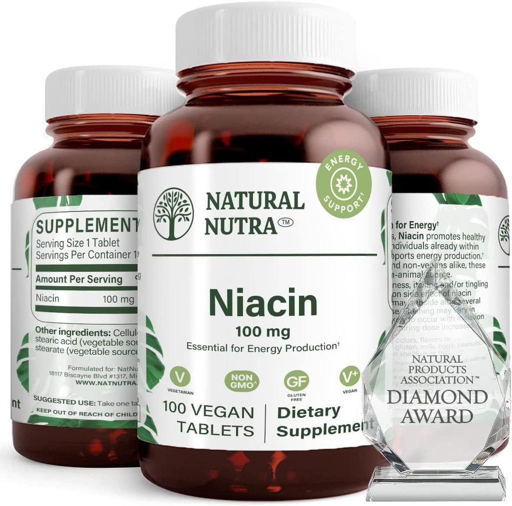 Natural Nutra Niacin συμπλήρωμα για την ενέργεια, Βοήθεια για τη διατήρηση των λιπιδίων του σώματος, τη βελτίωση της πέψης, την προαγωγή της υγείας του δέρματος, την ενίσχυση της ενέργειας και του εγκεφάλου λειτουργία, μη GMO, γλουτένη-ελεύθερο, 100 mg, 100 δισκία (πακέτο του 2)