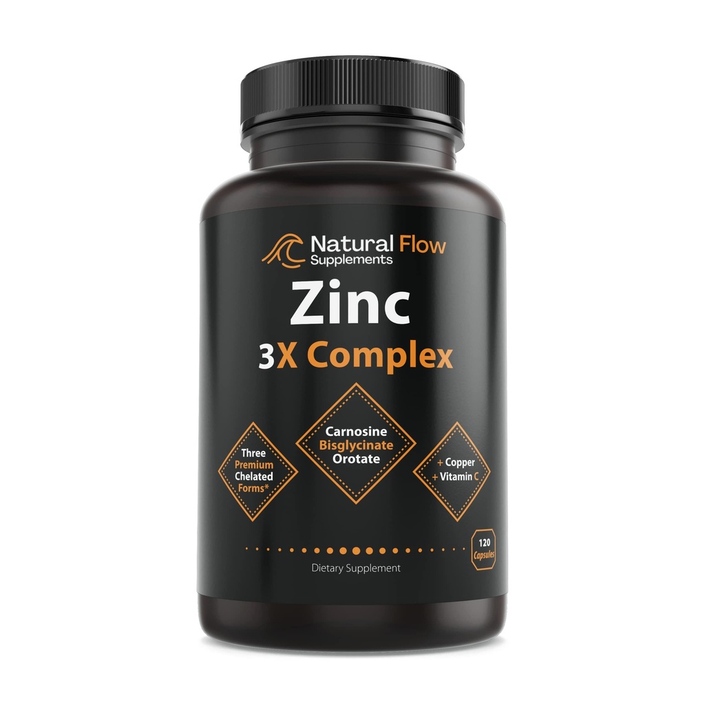 Copper ve C ile çinko Supplement Kompleksi - Doğal Akış 3X çinko Carnosine, Bisglycinate Chelate ve Orotate, Chelated Copper, Stomach, Skin ve Immune Support, 120 Capsules